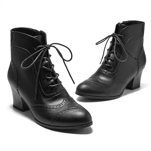 Short Ankle Boots Lace Up Booties for Women Side Zipper Victorian Boots Block Chunky Mid Heel3