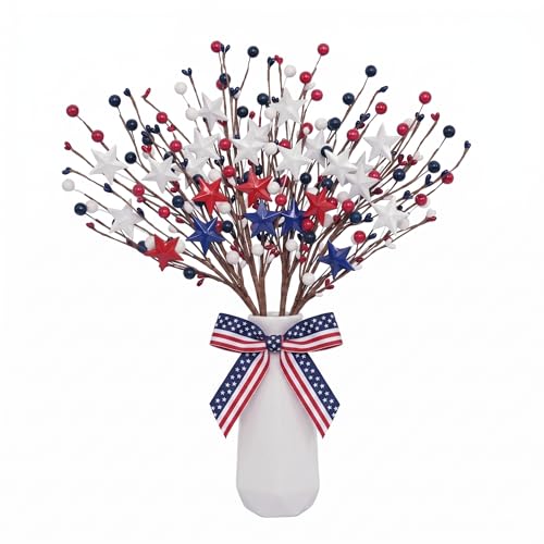 YeehaWhoo 4 Pcs 4th of July Decorations Star Sprays, Red White and Blue Patriotic Decorations, Memorial Day & Fourth of July Outdoor Stems for Table Farmhouse Decor Home Office Restaurant Vase Decor
