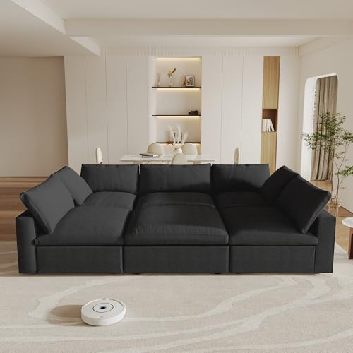 Image of Modular Sectional Sofa Couches for Living Room,160inch Linen Cloud Couch with Storage Ottoman, Oversized U Shaped 6 Seater Convertible Sleeper Sofa Chaise,Black