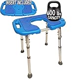 Atlas Deluxe Bariatric Shower/Bath Bench, 600lb. Capacity, Padded with Cutout and Insert. Heavy Duty Shower Chair/Stool with Adjustable Height and XL Seat