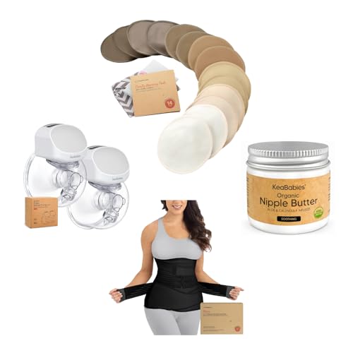 KeaBabies 14-Pack Nursing Pads with Nipple Butter Cream, Wireless Breast Pump, and 3 in 1 Postpartum Belly Band - All in 1 Breastfeeding and Postpartum Essentials for New Moms