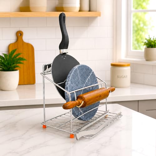 Image of CHHAAP Stainless Steel 4-in-1 Kitchen Stand | Wall Mounted Rack for Chakla, Belan, Tawa & Chimta | Space-Saving Organizer Shelf (NHSP)