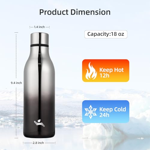 Image of Konokyo Insulated Water Bottle with Strap,18 oz Double Wall Stainless Steel Vacuum Bottles Metal Water Flask,Silver Miner
