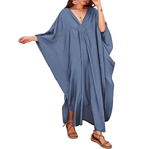 Bsubseach Women Solid Color Cover Up V Neck Batwing Sleeve Plus Size Beach Kaftan Dresses F-denim Color