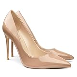 COLETER Women's 4 Inch Pumps Pointy Toe Wedding Dress Shoes Slip on Stiletto Pumps Patent Nude 10.5US