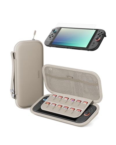 Belkin Gaming Travel Bag Carrying Case (Sand) w/Hard Shell + Anti-Reflective TemperedGlass Screen Protector Bundle for Nintendo Switch 2 - Travel Essentials w/AirTag Holder, Game Storage, & More