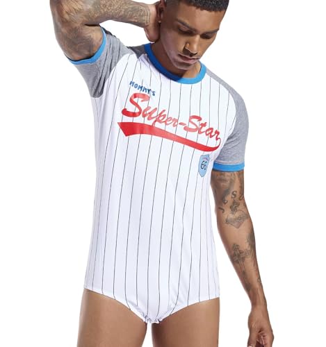 Mens Cotton Onesie Striped Bodysuit Letter Baseball Print Short Sleeve Romper Pajama