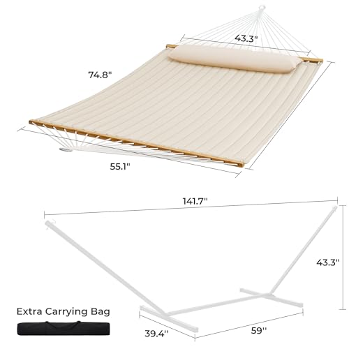 SUPERJARE Hammock with Stand, 2 Person Quilted Outdoor Hammock, Detachable Pillow & Bamboo Spreaders, Portable Hammock with Carrying Bag, Heavy Duty Stand, Perfect for Outside, Patio, Cream Beige by SUPERJARE - Image 8