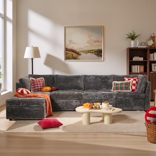 Image of ovios Modular Sectional Sofa Couch with L-Shape Chaise Ottoman, Comfy Plush Corduroy Cloud Couches, Modern Luxury Deep Seat Sofas Set for Living Room, 5-Seater, Grey