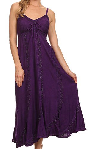Image of Sakkas Allie Stonewashed Embroidered Adjustable Spaghetti Straps Long Dress