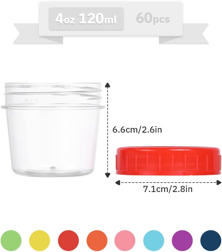 Naivees 4 OZ 60 Pack Plastic Mason Jars with Colorful Screw On Lid Reusable Storage Containers Food Jars Clear Empty Jars for Kitchen