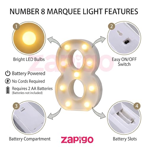 Image of Balloonistics LED Marquee Number 8 Light - 9-Inch Cordless Battery-Operated Light Up Number Sign for 8th Birthday, Anniversary, Wedding, Party Decoration, Photo Booth Backdrop, Cake Table Decor