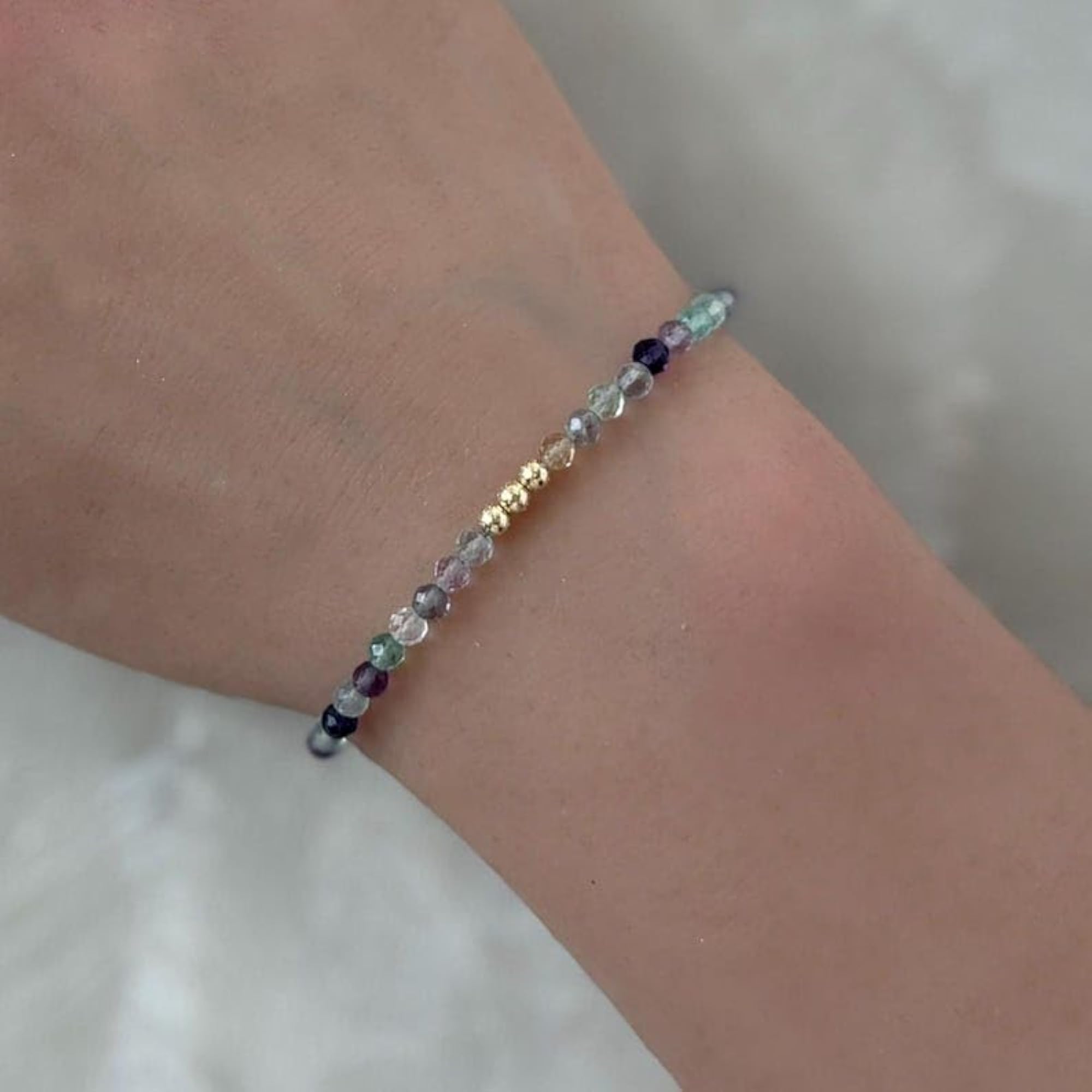 Fluorite Round Beaded Bracelet with Gold Lock, Adjustable