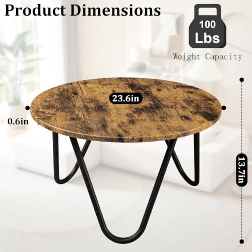 Image of Round Coffee Table Wooden Coffee Tables for Living Room Mid-Century Modern Center Table Wood Grain Desktop and Metal Legs Easy to Assemble Dark Brown