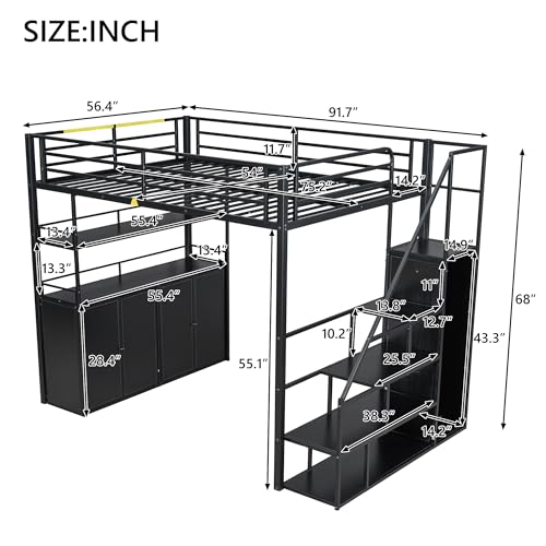Loft Bed Full Size with Stairs,Metal Full Loft Bed with Wardrobe,Heavy Duty High Loft Bed with Shelves and Storage Lockers for Kids Teens, Adults, Space Saving,Black