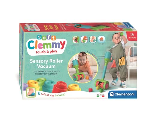 Clementoni | Soft Clemmy – Aspirateur Sensoriel Bébé 9 Mois+ | 6 Blocs Souples | Rouleau Interactif, Pop-it, Manche Amovible | Jouet Bébé à Pousser | Motricité éveil | Idée Cadeau