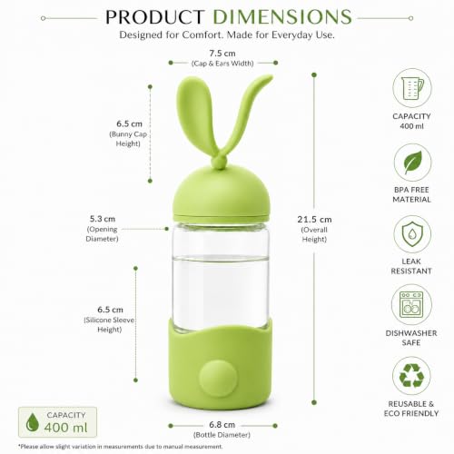 Image of Fieety Water Bottle Glass for Office Women & Men, Glass Bottle for Fridge, Leak-Resistant Glass Sipper Bottle, Reusable Bottle for Home, Gym & Travel (Rabbit Ear)