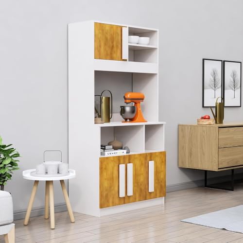 Image of Bniture Multipurpose Kitchen Cabinet | Engineered Wood Crockery Cabinet Modern with 4 Doors & Shelves | Crockery Unit for Dining Area | Kitchen Crockery Cabinet for Home | Frosty White & Giant Wood