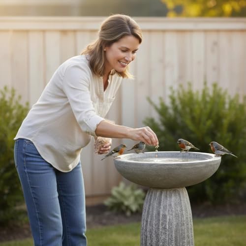 Image of SunJet Modern Bird Bath, 24.4inches Height Fibre-Reinforced Concrete Birdbath with Textured Pedestal for Outdoor Garden, Yard, Lawn Decor