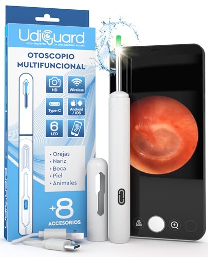 Otoscopio Limpiador de Oídos con Cámara 3,6mm 1920p WiFi Endoscopio de Oídos - UdiGuard Eliminación de Cerumen 6 Luces LED Digital Adultos Niños Perros - Compatible con iPhone iPad y Android Blanco