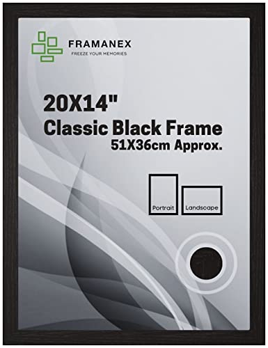 FRAMANEX Classic Picture Poster Frame, 20 X 14 inches Black Frame, Wood Finish, Portrait, Landscape Display Rectangle 51 X 36cm Frame (Black Picture Frame)