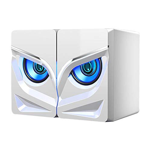 Mecela Blue LED Speaker with Sharp Eye USB Powered 3.5mm Stereo Audio for PC, MP3 Player, Laptops, Smartphone (White)