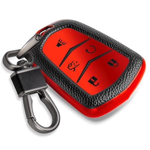 Image of Key Fob Cover for Cadillac, Leather-Style Keychain Tab, Red