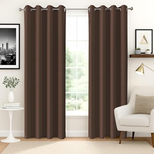 Image of HUTI Home Heavy Blackout Door Curtain | Solid Plain Polyester Eyelet Curtain for Bedroom & Living Room | Brown | 7 Feet (120 x 213 cm) | Set of 2