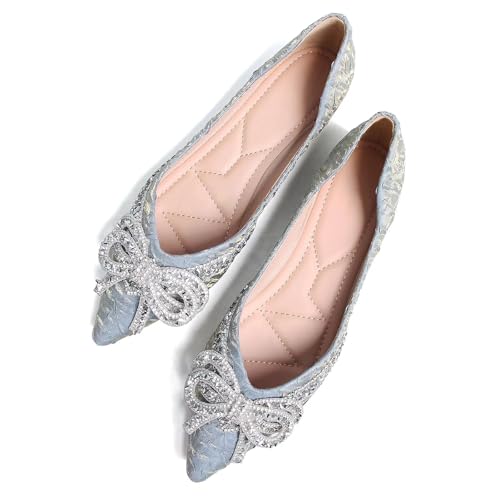 TN TANGNEST Womens Ballet Flats Shiny Rhinestone Bowknot Pointed Toe Dress Flats Cute Slip On Flat Shoes Comfortable Wedding Party Flats Blue 40(7.5)