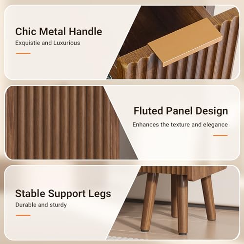 Image of 7.9 inch Narrow Fluted Nightstand Set of 2, 20.6 inch H Small Side Table, Walnut