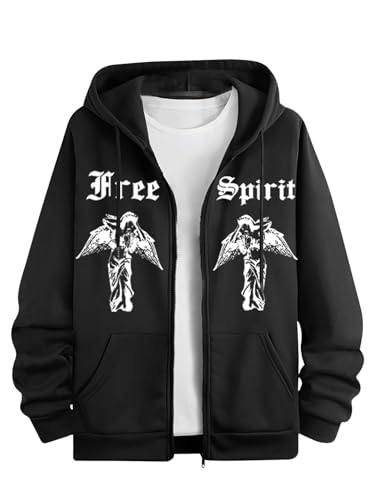 SOLY HUX Men's Zip Up Hooded Jacket Graphic Letter Print Drawstring Long Sleeve Pocket Sweatshirt