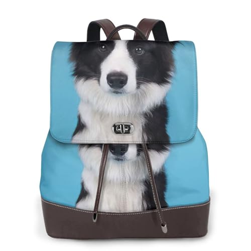 Sac à dos Border Collie en cuir noir étanche avec grand compartiment PC