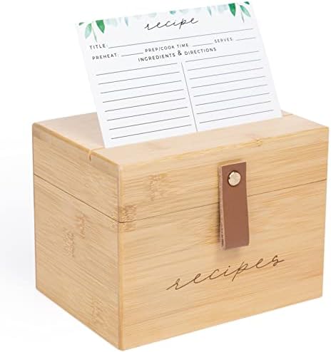 Pera Blanca Recipe Box with Cards and Dividers | Recipe Card Box Faux Leather Handle | 50 Eucalyptus Patterned Recipe Cards and Box Set | Wooden Recipe Box | Housewarming Gifts | Wood Recipe Box 4x6