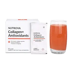 NUTROVA Collagen+Antioxidants Supplement - 30 Sachets of Marine Collagen Powder for Men & Women, Increases Skin Hydration, Reduces Skin Damage, Supports Healthy Skin, Hair & Nails, Cranberry Flavour