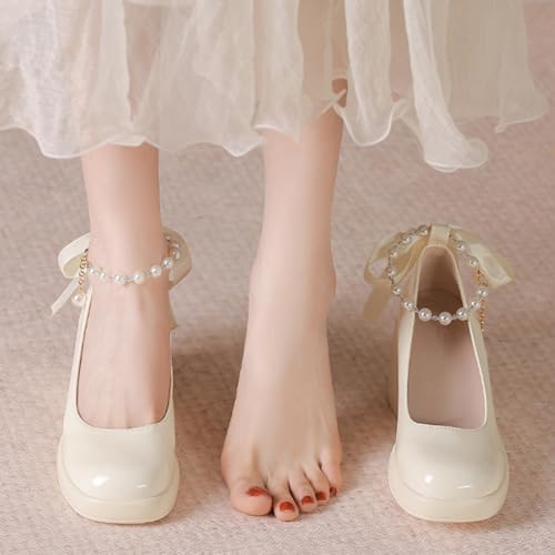 Women's Patent Leather Ribbon Bow Chunky Heel Pumps with Pearl Ankle Strap Fashion Round Toe Shallow Mouth High Block Heels Comfortable Casual Business Wedding Dress Shoes4