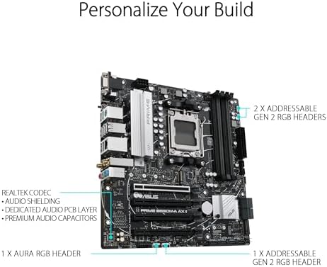 ASUS Prime B650M-A AX II AMD B650(Ryzen 7000) Micro-ATX motherboard(DDR5 6400+(OC),PCIe 5.0 M.2 support,2.5Gb LAN,Wi-Fi 6,DisplayPort,HDMI,USB 3.2 Gen 2, front USB 3.2 Gen 1 Type-C®,CEC Tier II ready)