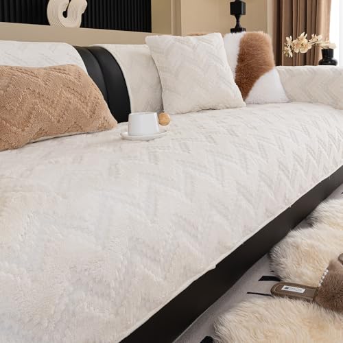 MDSASFD Sherpa Couch Cover V-Wavy Sofa Cover for Sectional Sofa, Fleece Couch Covers Washable for Dogs, Sofa Slipcovers Non Slip Protector for L Shaped(Beige White, 36