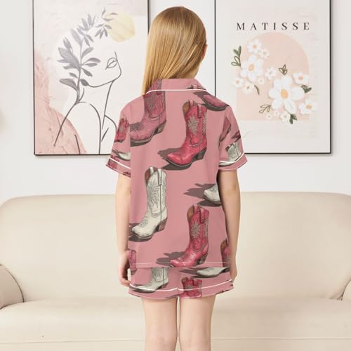 Satin Pajama Sets Short Sleeve Cowboy Boots with Floral Prints Button Down Silky Nightwear 2 Piece PJS 5-14Y4
