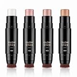 Highlighter Stick Set, Multi-Use Shimmer Makeup Sticks for Face and Body, Pearl Champagne Gold Rose Glow, Cream Highlighter with Built-In Brush