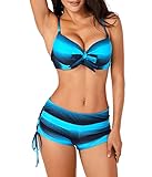 FIYOTE Women Open Back Color Block Striped Bikini Top with Boyshort Tankini Swimsuit Large Size Light Blue