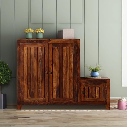 Image of Solid Sheesham Wood Shoe Rack Wooden with Seating 3 Doors | Multipurpose Shoe Rack Stand Storage Cabinet Organizer for Home, Office, Entryway, Hallway & Living Room, Bedroom | Natural Finish