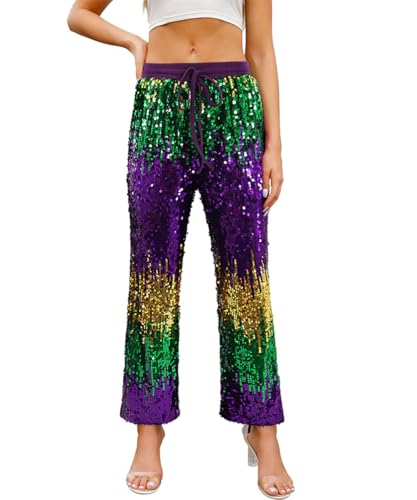 Aelidiya Women's Glitter Sequin Long Loose Pants Bling Party Clubwear Elastic Drawstring Casual Pants