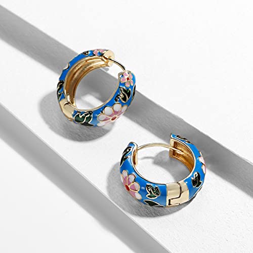 Xerling Vintage Flower Huggie Hoop Earrings Antique Retro Enamel Copper Round Circle Hoop Earrings For Women Girls Gold Statement Loop Earrings (Blue) #TOP1