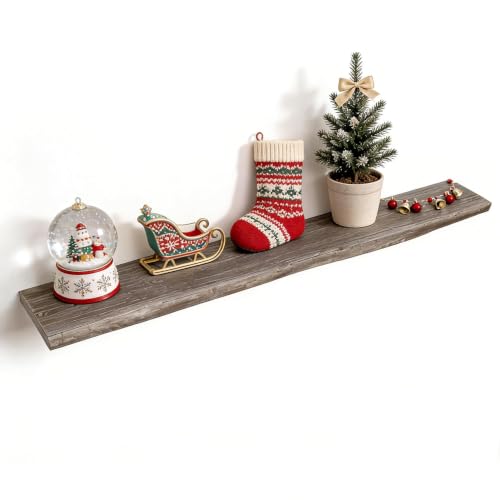 Image of Floating Shelves for Wall, 55 inchx9.3 inch Rustic Solid Live-Edge Elm Wood Wall Shelves, Heavy-Duty Floating Shelves with Invisible Brackets, Set of 2 for Living Room, Bedroom, and Kitchen, Grey Finish
