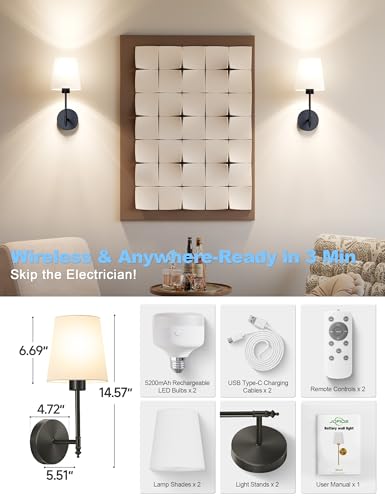 Wall Lights Battery Operated Wall Sconces Set of 2,Gold Wireless Wall Sconces with Remote,9 Colors Modes Rechargeable Wall lamp for Bedroom Living Room (Black, 14.5 inch)