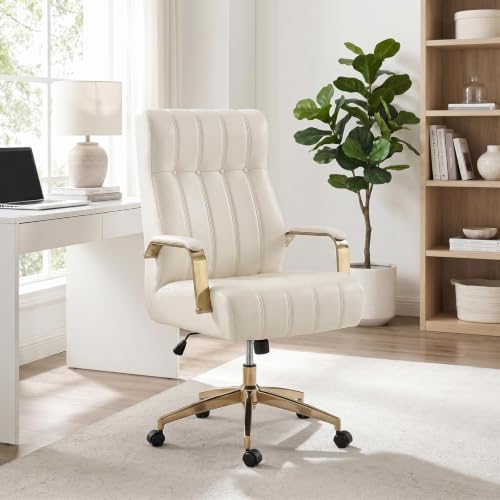 Image of HULALA HOME Modern Faux Leather Office Desk Chair with Metal Base, Ivory