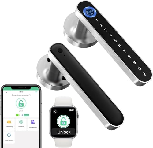 Fingerprint Handle Door Lock Smart Door Lock Levers eLinkSmart Keyless Entry Door Knob for Bedroom Front Back Door Bluetooth App Phone iOS Watch Silver