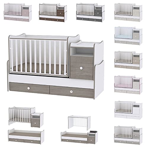 Lit bébé évolutif/combiné Trend Plus blanc/café Lorelli (Le lit se transforme en : lit d'adolescent, bureau, armoire multi-fonction)