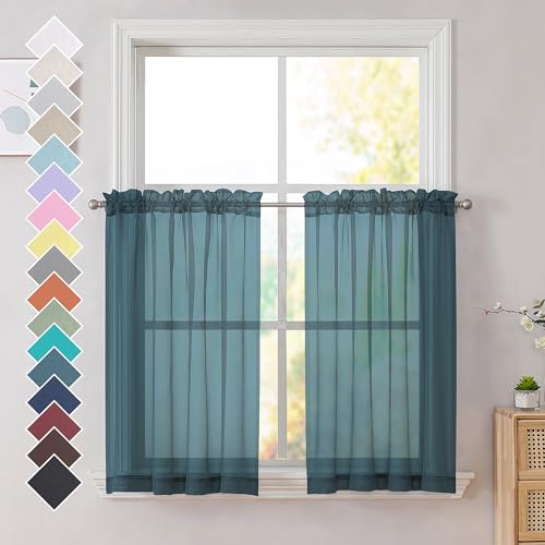 Image of OVZME Dusty Blue Sheer Curtains 36 inches Long, Short Kitchen Window Treatment Solid Sheers Cafe Curtains Bathroom Voile Half Window Curtains 2 Panels, Rod Pocket, 42 inch Wx36 L