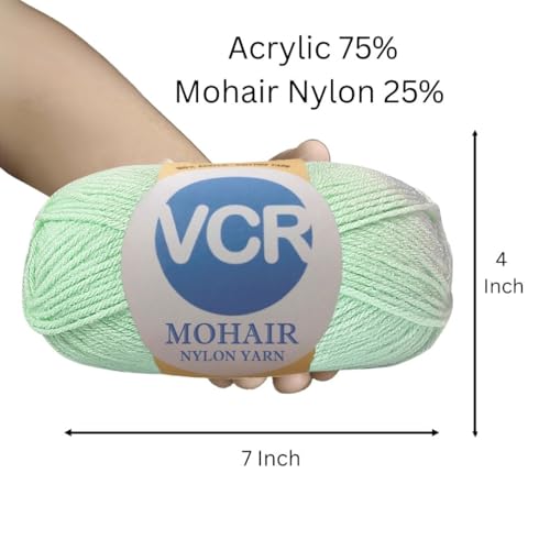 Image of VCR Mohair Nylon Soft Mint Yarn, 100 Grams Hank, 196 Meters Length, Acrylic 75%, Mohair Nylon 25%, Pack of 1 Yarn, Soft Crosia Threads, Suitable for Winter Garments.
